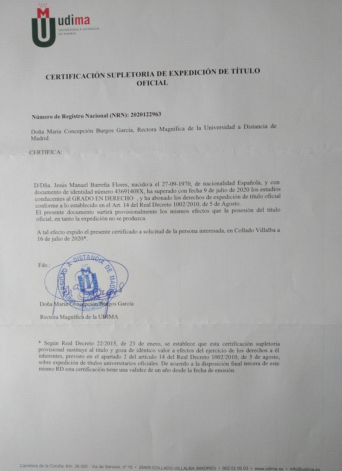 Certificación de la expedición del título de los estudios de Grado de Derecho para Jesús Barreña Flores.